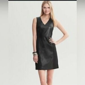 BANANA REPUBLIC black leather paneled sheath dress, v neck sleeveless, size 4